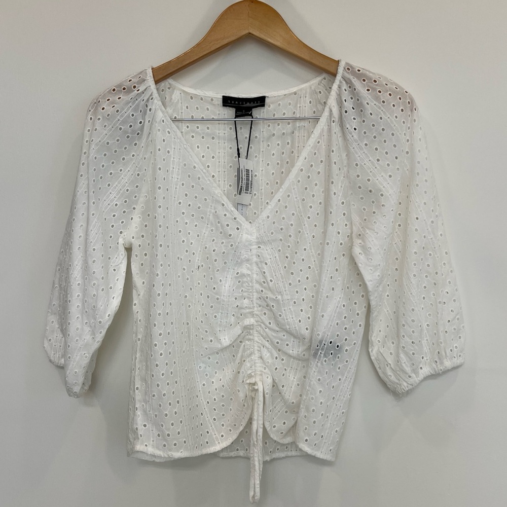 ❤️💙💛 Sanctuary White V Neck Eyelet Ruched Top Blouse Shirt - Picture 2 of 9